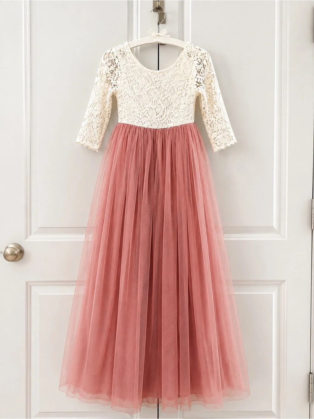 Girls Size 8 Dusty Rose & White Lace Formal Dress